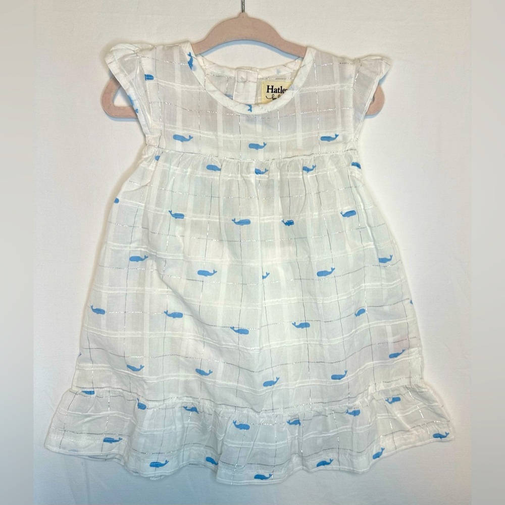NWT - Hatley Boutique Dress w/ Bloomers - White checked Blue Whales & silver
